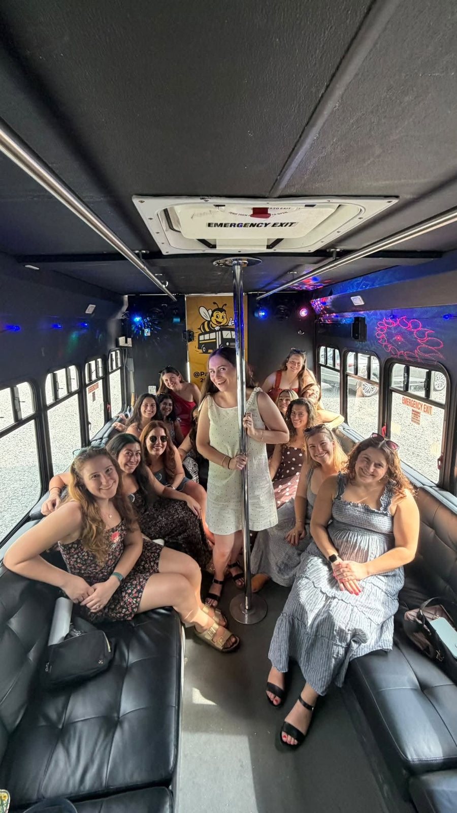 Bachelorette group relaxing inside the Party Buzzed bus during a daytime outing